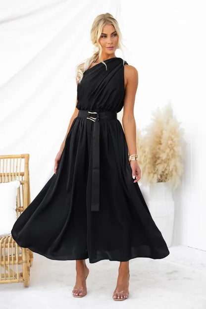 Maxi Dresses - Sleeveless Asymmetric Belted Waist Flowy Maxi Dress