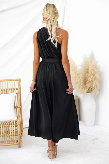 Maxi Dresses - Sleeveless Asymmetric Belted Waist Flowy Maxi Dress