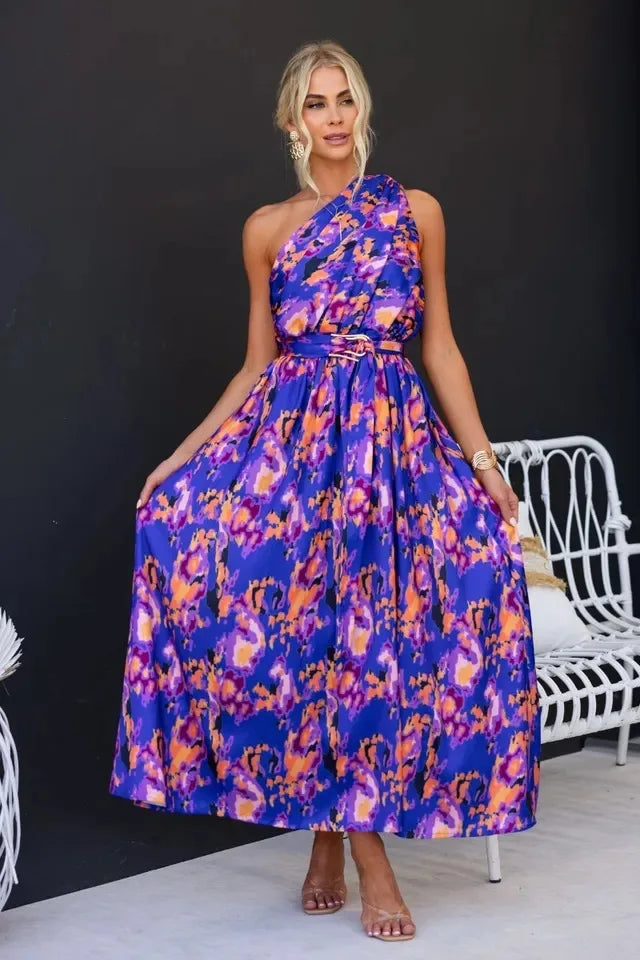 Maxi Dresses - Sleeveless Asymmetric Belted Waist Flowy Maxi Dress