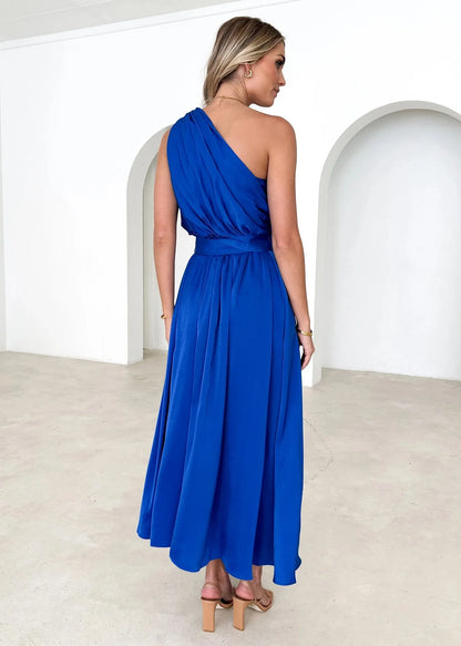 Maxi Dresses - Sleeveless Asymmetric Belted Waist Flowy Maxi Dress