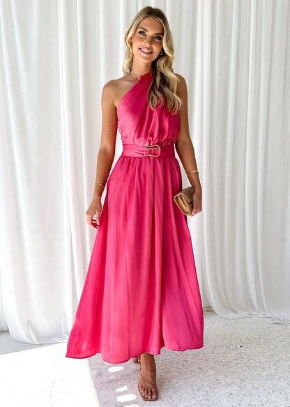 Maxi Dresses - Sleeveless Asymmetric Belted Waist Flowy Maxi Dress