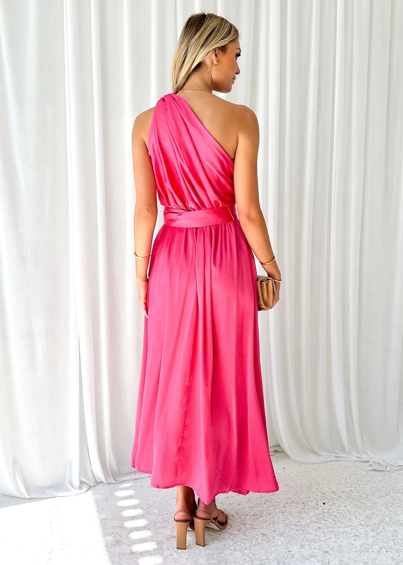 Maxi Dresses - Sleeveless Asymmetric Belted Waist Flowy Maxi Dress