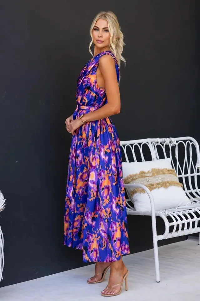 Maxi Dresses - Sleeveless Asymmetric Belted Waist Flowy Maxi Dress