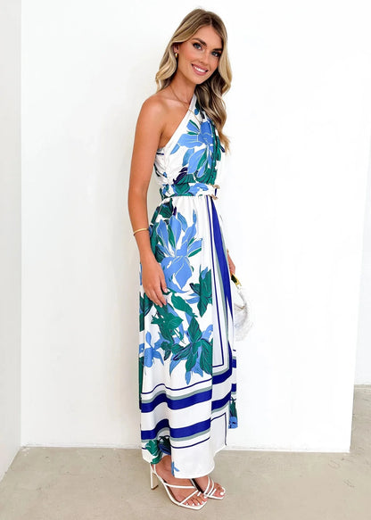 Maxi Dresses - Sleeveless Asymmetric Belted Waist Flowy Maxi Dress