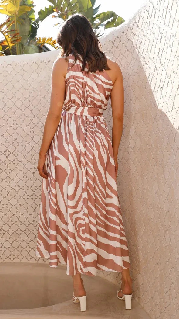 Maxi Dresses - Sleeveless Asymmetric Belted Waist Flowy Maxi Dress