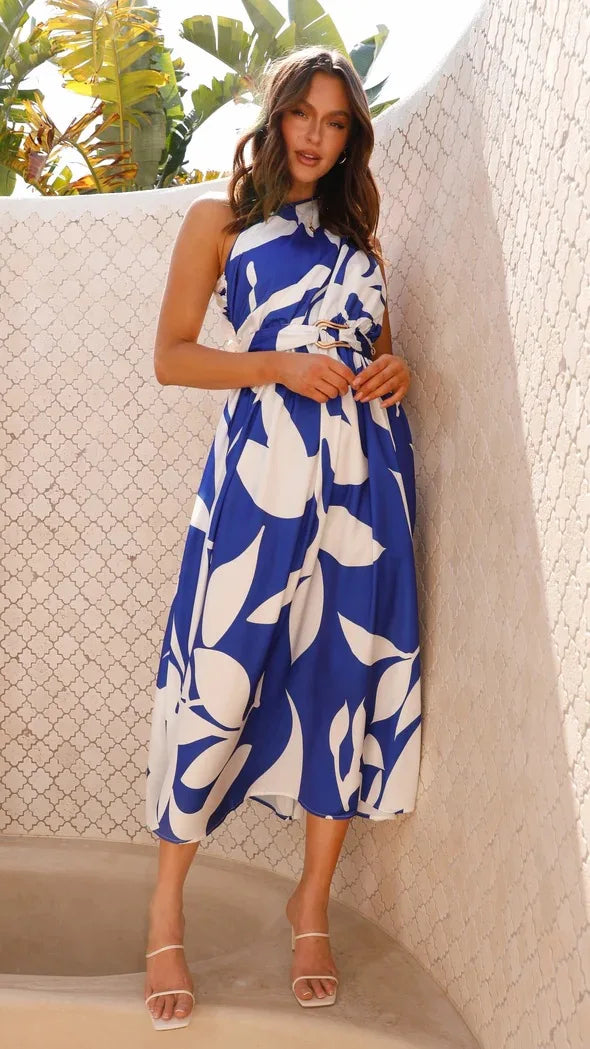 Maxi Dresses - Sleeveless Asymmetric Belted Waist Flowy Maxi Dress