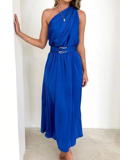 Maxi Dresses - Sleeveless Asymmetric Belted Waist Flowy Maxi Dress