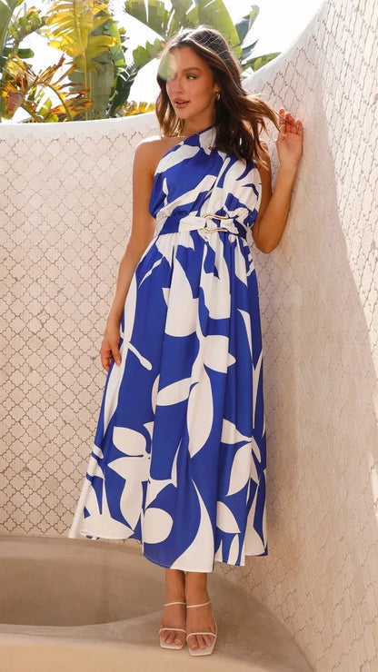 Maxi Dresses - Sleeveless Asymmetric Belted Waist Flowy Maxi Dress