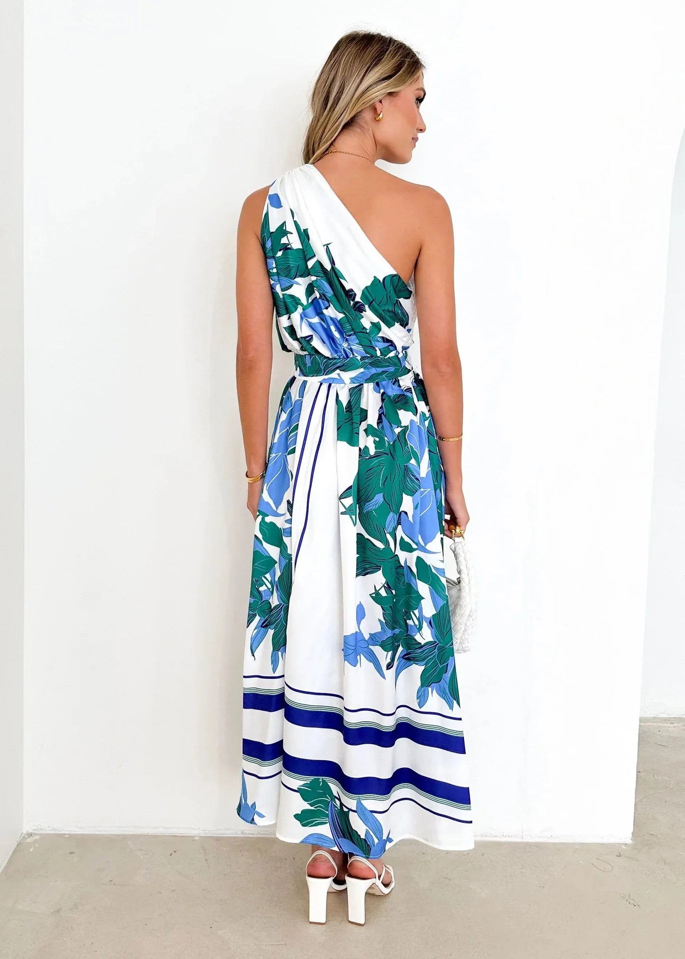 Maxi Dresses - Sleeveless Asymmetric Belted Waist Flowy Maxi Dress