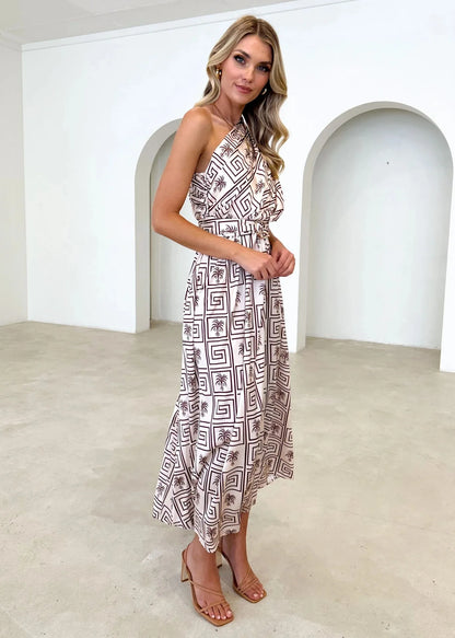 Maxi Dresses - Sleeveless Asymmetric Belted Waist Flowy Maxi Dress