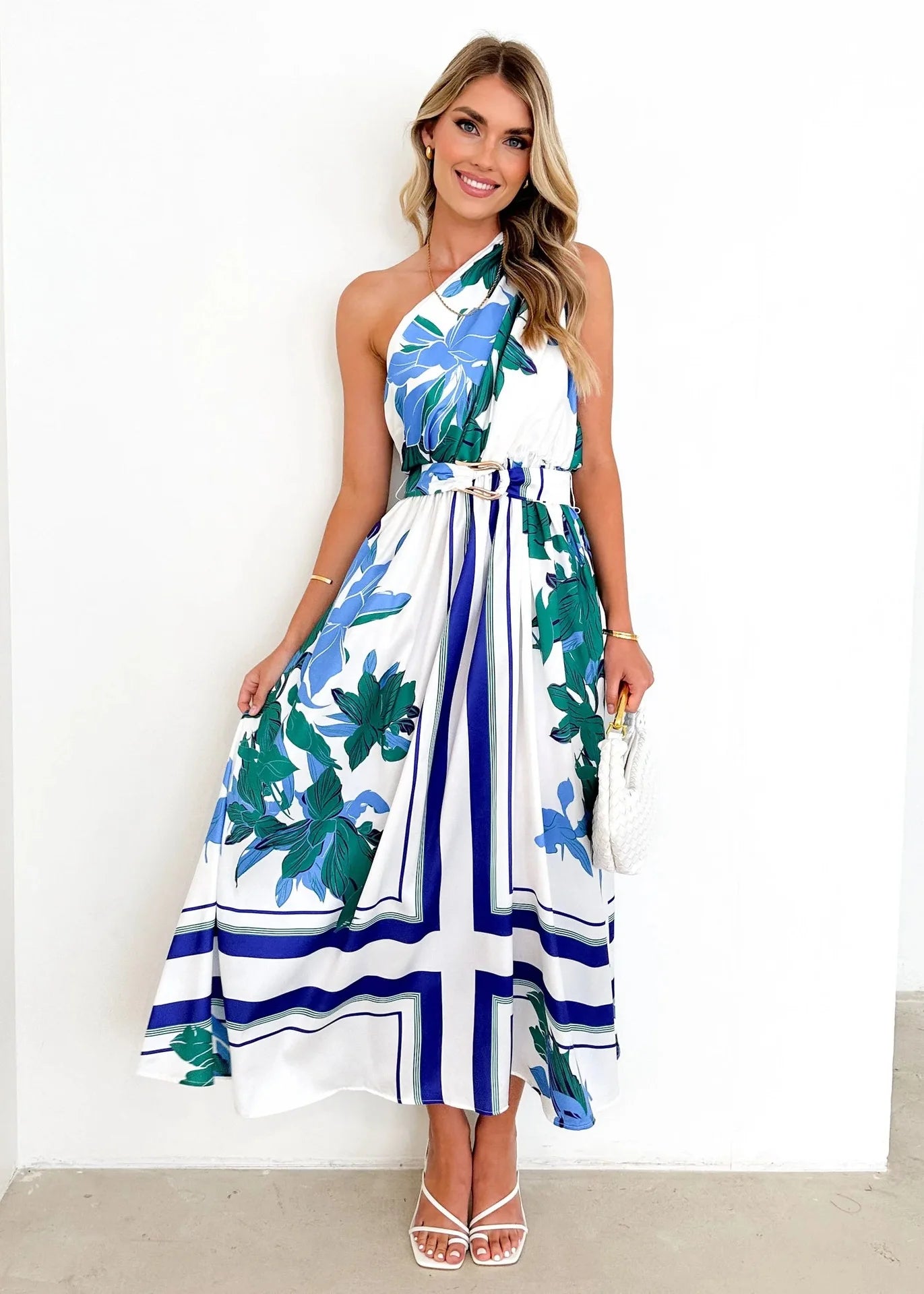 Maxi Dresses - Sleeveless Asymmetric Belted Waist Flowy Maxi Dress