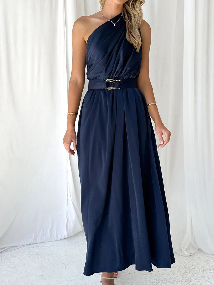 Maxi Dresses - Sleeveless Asymmetric Belted Waist Flowy Maxi Dress