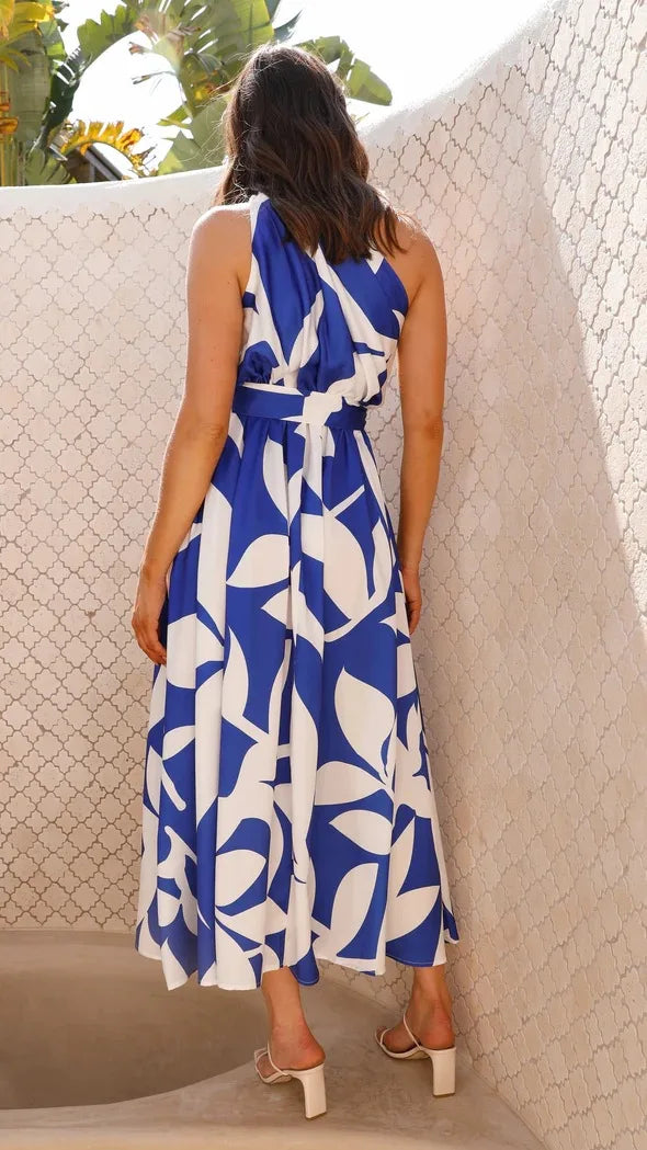 Maxi Dresses - Sleeveless Asymmetric Belted Waist Flowy Maxi Dress