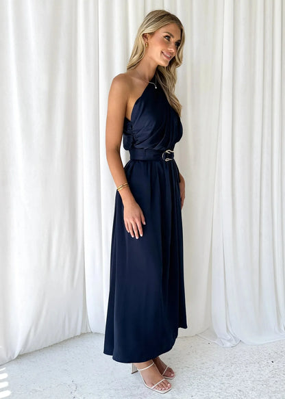 Maxi Dresses - Sleeveless Asymmetric Belted Waist Flowy Maxi Dress