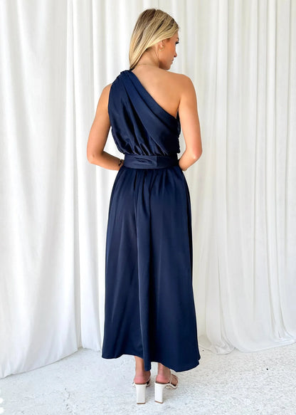 Maxi Dresses - Sleeveless Asymmetric Belted Waist Flowy Maxi Dress