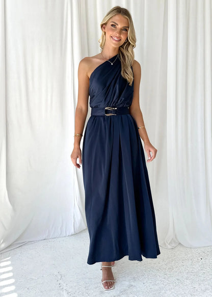 Maxi Dresses - Sleeveless Asymmetric Belted Waist Flowy Maxi Dress