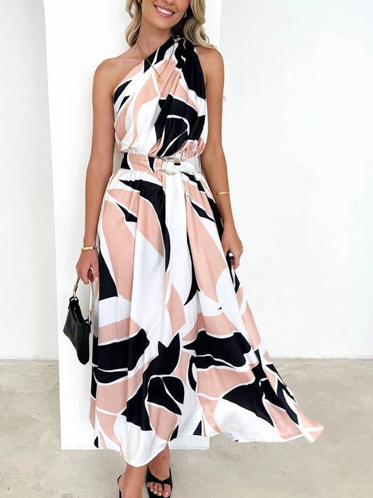 Maxi Dresses - Sleeveless Asymmetric Belted Waist Flowy Maxi Dress