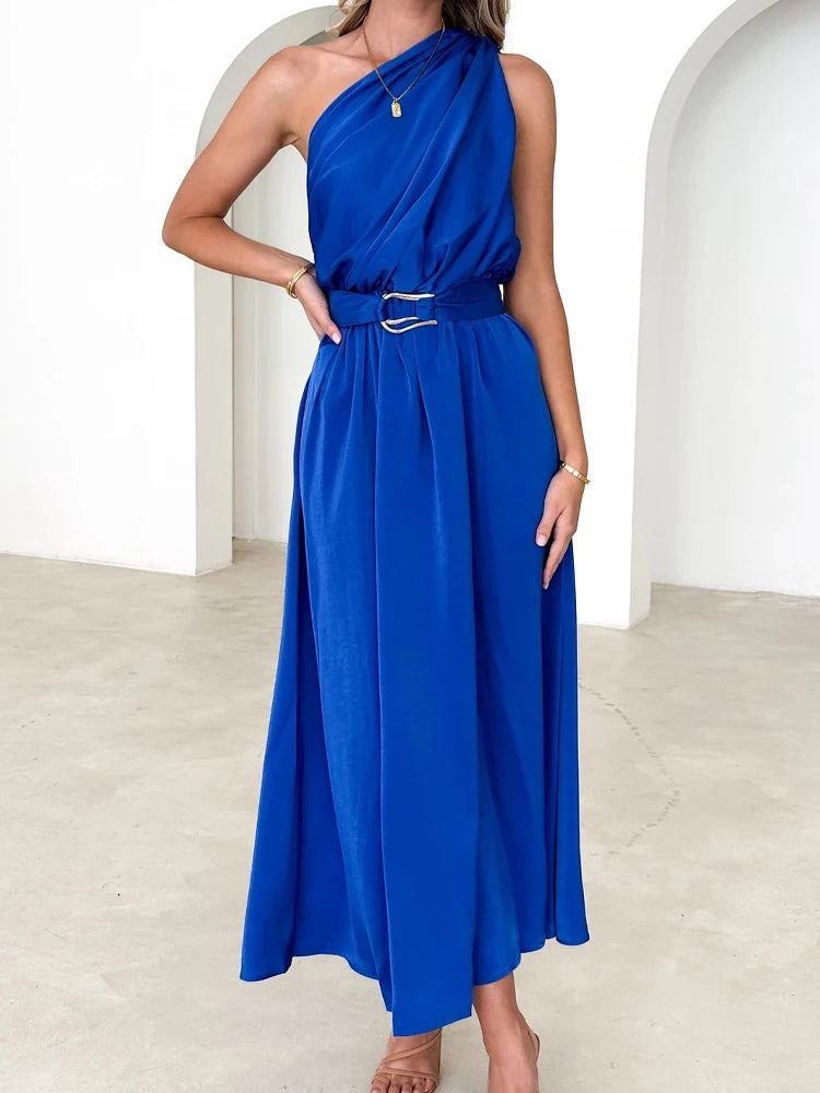 Maxi Dresses - Sleeveless Asymmetric Belted Waist Flowy Maxi Dress