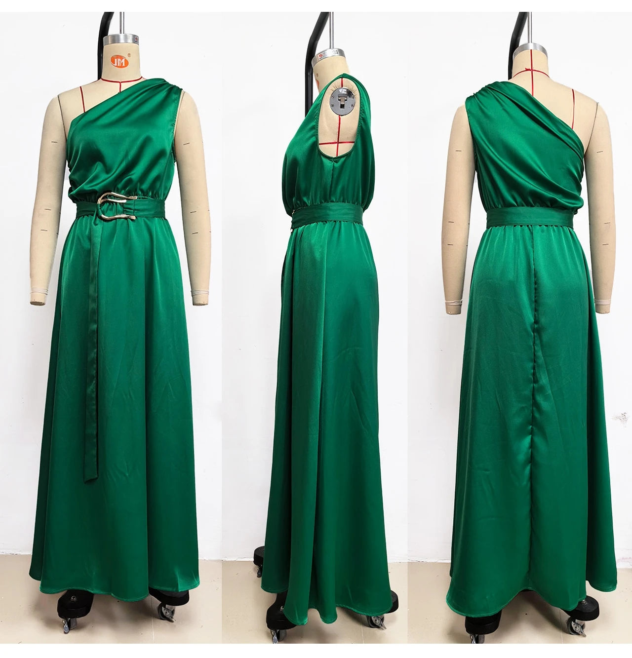 Maxi Dresses - Sleeveless Asymmetric Belted Waist Flowy Maxi Dress