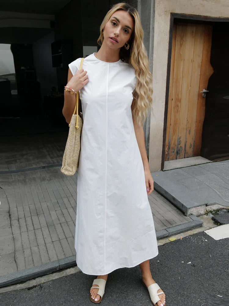 Maxi Dresses- Sleeveless Maxi Dress in Solid Cotton for Summer- - Pekosa Women Fashion