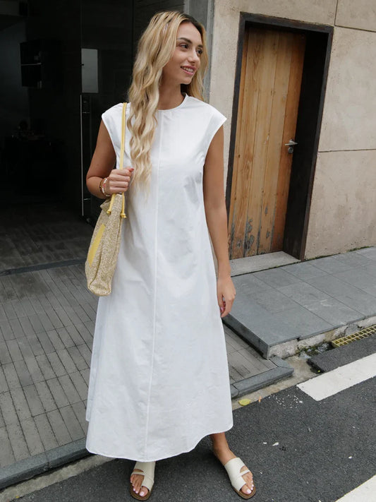 Maxi Dresses- Sleeveless Maxi Dress in Solid Cotton for Summer- White- Pekosa Women Fashion