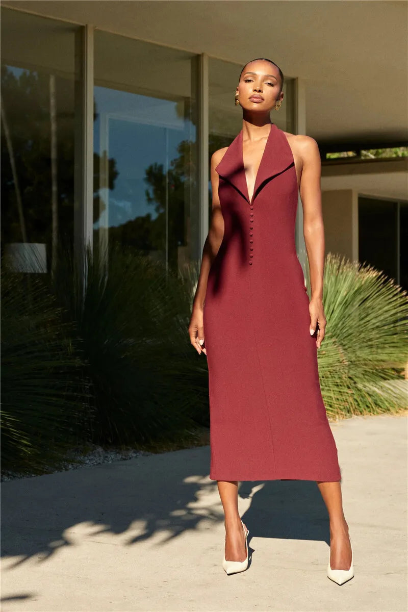 Maxi Dresses - Sophisticated Backless Halter Dress for Formal Occasions