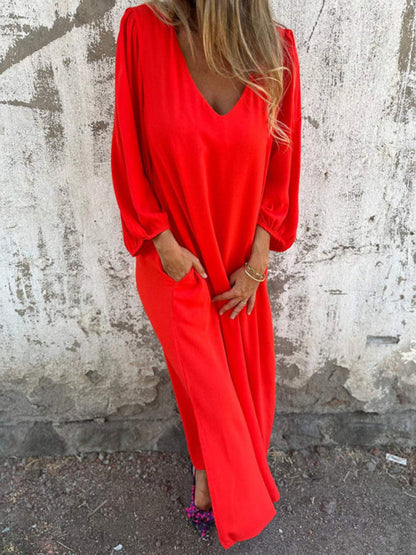 Maxi Dresses- Summer Loose V-Neck Tunic Maxi Dress with Long Sleeves- - Pekosa Women Fashion