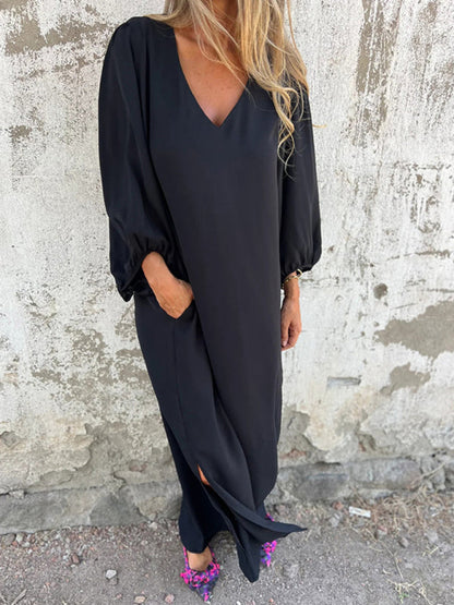 Maxi Dresses- Summer Loose V-Neck Tunic Maxi Dress with Long Sleeves- - Pekosa Women Fashion