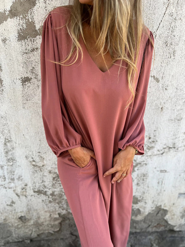 Maxi Dresses- Summer Loose V-Neck Tunic Maxi Dress with Long Sleeves- - Pekosa Women Fashion