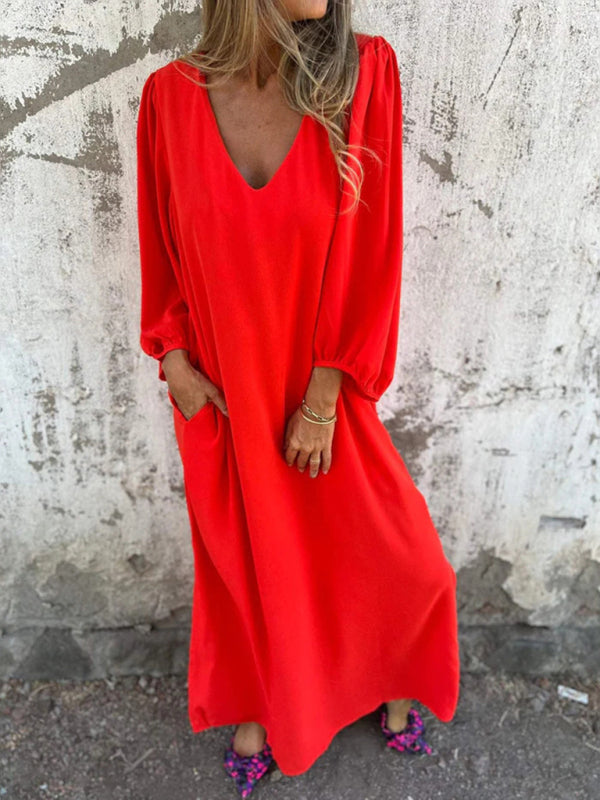 Maxi Dresses- Summer Loose V-Neck Tunic Maxi Dress with Long Sleeves- - Pekosa Women Fashion