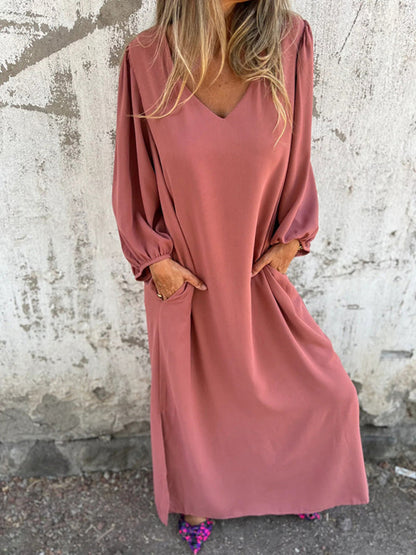 Maxi Dresses- Summer Loose V-Neck Tunic Maxi Dress with Long Sleeves- - Pekosa Women Fashion