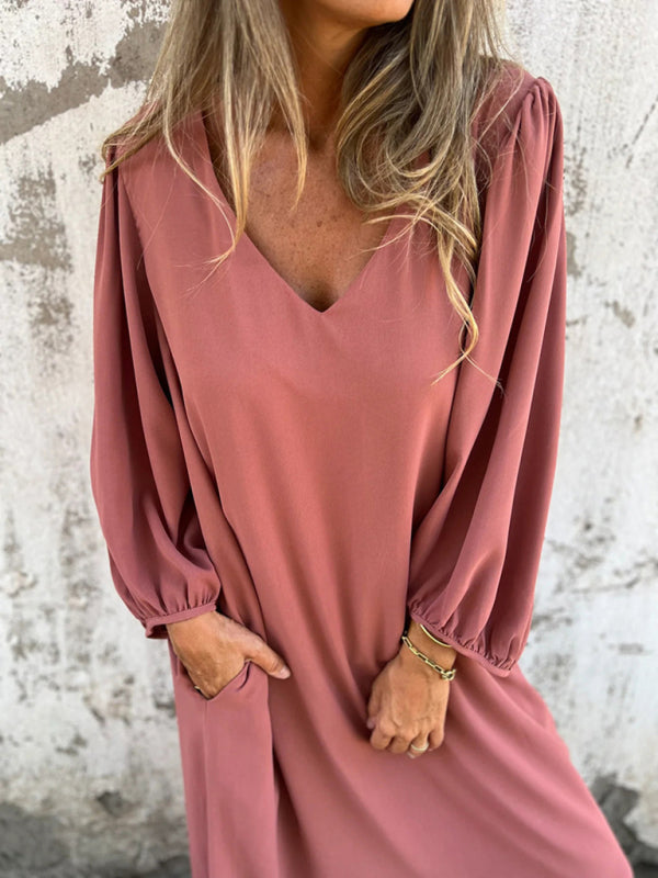 Maxi Dresses- Summer Loose V-Neck Tunic Maxi Dress with Long Sleeves- Pink- Pekosa Women Fashion