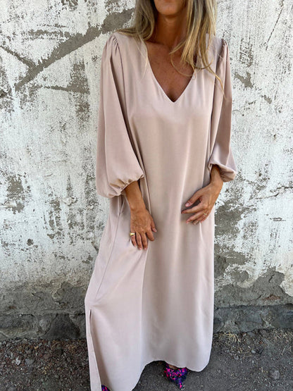 Maxi Dresses- Summer Loose V-Neck Tunic Maxi Dress with Long Sleeves- - Pekosa Women Fashion