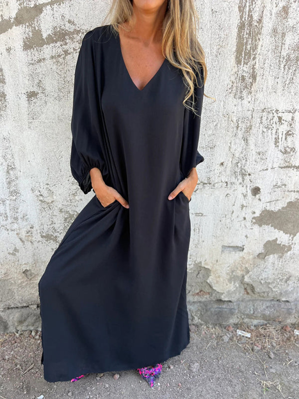 Maxi Dresses- Summer Loose V-Neck Tunic Maxi Dress with Long Sleeves- - Pekosa Women Fashion