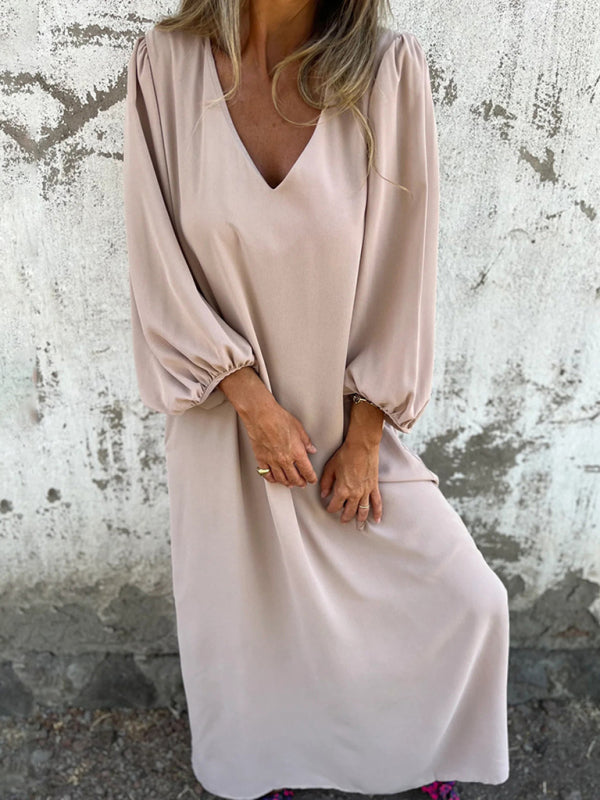 Maxi Dresses- Summer Loose V-Neck Tunic Maxi Dress with Long Sleeves- - Pekosa Women Fashion