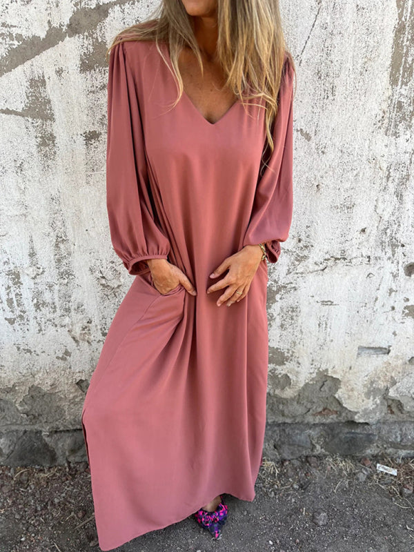 Maxi Dresses- Summer Loose V-Neck Tunic Maxi Dress with Long Sleeves- - Pekosa Women Fashion