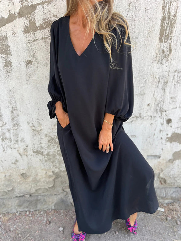 Maxi Dresses- Summer Loose V-Neck Tunic Maxi Dress with Long Sleeves- - Pekosa Women Fashion