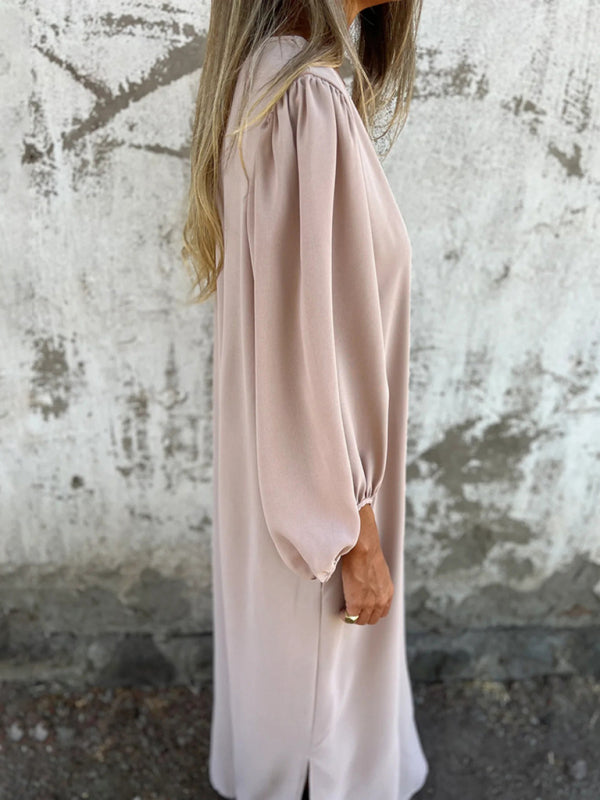 Maxi Dresses- Summer Loose V-Neck Tunic Maxi Dress with Long Sleeves- - Pekosa Women Fashion