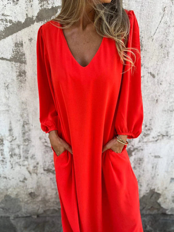 Maxi Dresses- Summer Loose V-Neck Tunic Maxi Dress with Long Sleeves- Orange Red- Pekosa Women Fashion