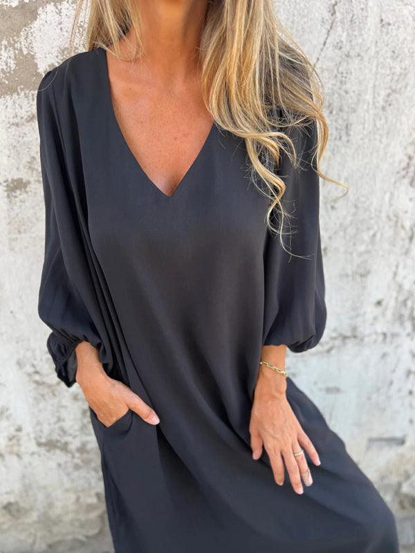 Maxi Dresses- Summer Loose V-Neck Tunic Maxi Dress with Long Sleeves- Black- Pekosa Women Fashion