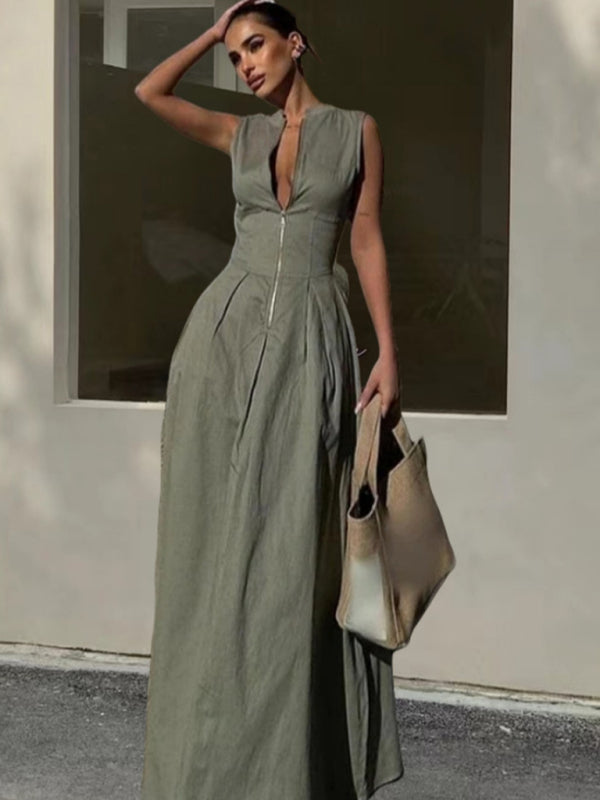 Maxi Dresses - Zip-Detail Maxi Dress for Modern Elegance