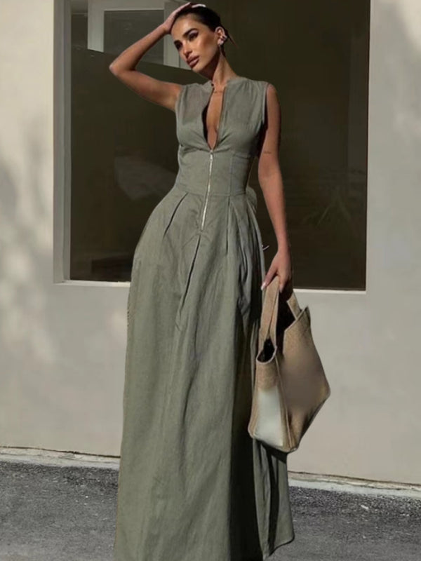 Maxi Dresses - Zip-Detail Maxi Dress for Modern Elegance