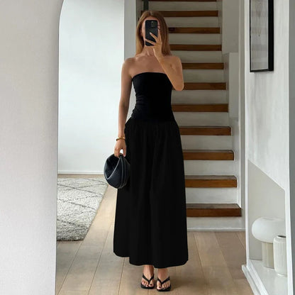 Maxi Dresses- Contrast Strapless Maxi Dress with Two-Tone Design- Black- Pekosa Women Fashion