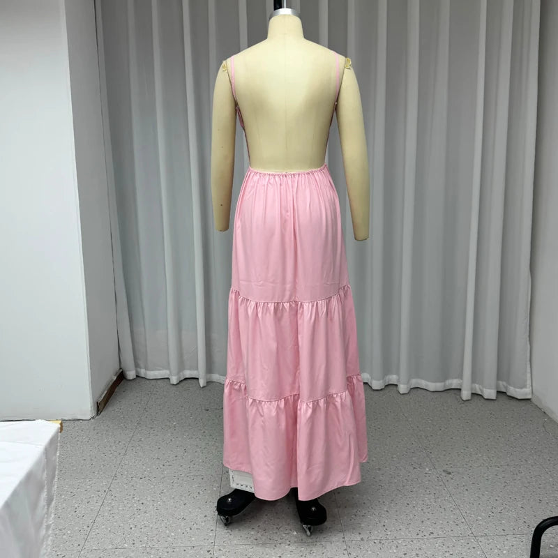 Maxi Dresses - Vacation Pink Backless Tiered Maxi Dress