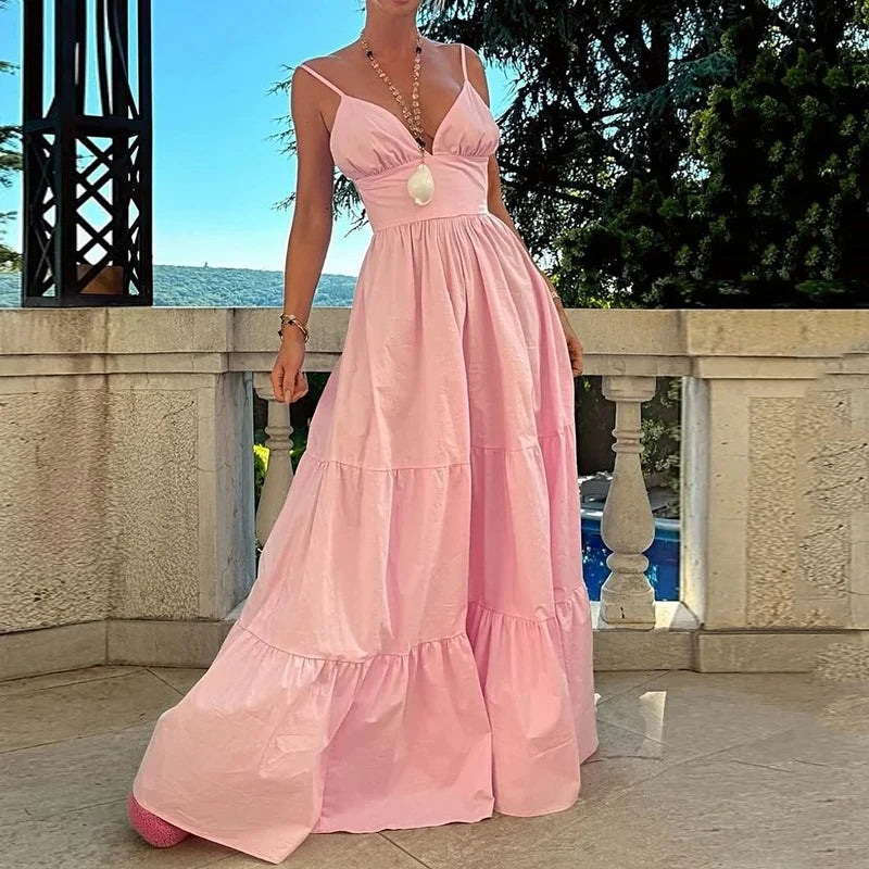 Maxi Dresses - Vacation Pink Backless Tiered Maxi Dress