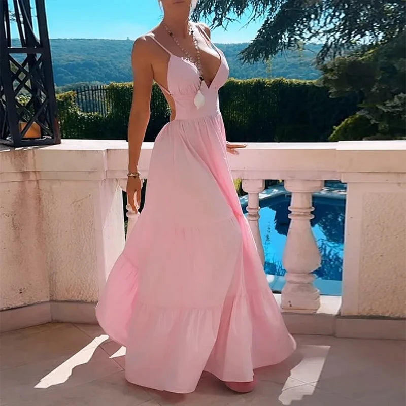 Maxi Dresses - Vacation Pink Backless Tiered Maxi Dress