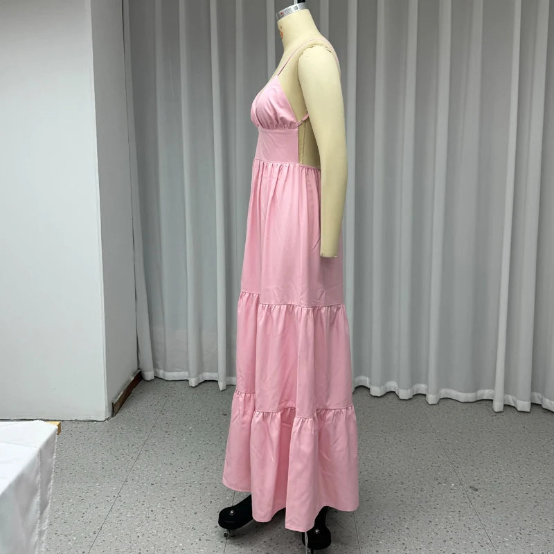 Maxi Dresses - Vacation Pink Backless Tiered Maxi Dress