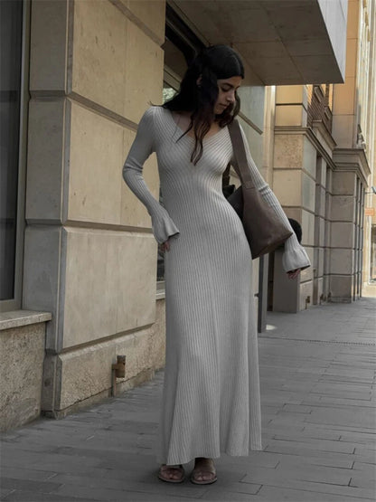 Maxi Dresses - Winter Casual Ribbed Knit Long Dress