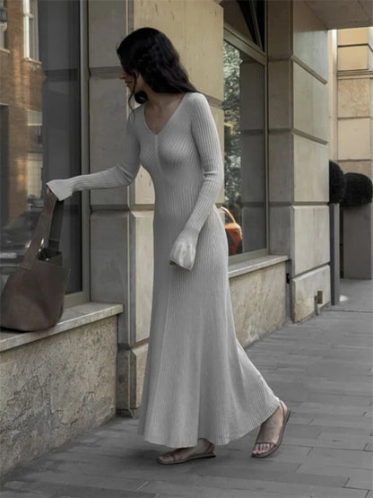 Maxi Dresses - Winter Casual Ribbed Knit Long Dress