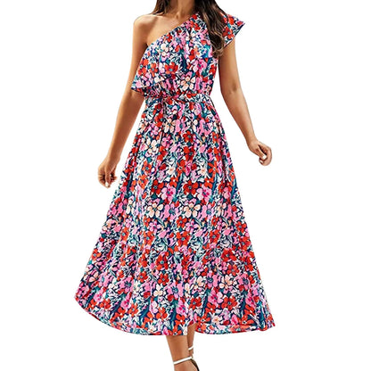 Maxi Dresses- Women Boho Floral One-Shoulder Belted Dress- Red- Pekosa Women Fashion